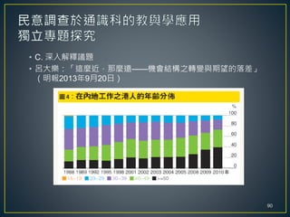 • C. 深入解釋議題
• 呂大樂：「這麼近，那麼遠——機會結構之轉變與期望的落差」
（明報2013年9月20日）
90
 