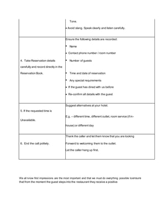 Tone.
 Avoid slang. Speak clearly and listen carefully.
Ensure the following details are recorded:
 Name
 Contact phone number / room number
4. Take Reservation details  Number of guests
carefully and record directly in the
 Time and date of reservationReservation Book.
 Any special requirements
 If the guest has dined with us before
 Re-confirm all details with the guest
5. If the requested time is
Suggest alternatives at your hotel.
E.g. – different time, different outlet, room service (if in-
Unavailable.
house) or different day
Thank the caller and let them know that you are looking
6. End the call politely. Forward to welcoming them to the outlet.
Let the caller hang up first.
We all know first impressions are the most important and that we must do everything possible toensure
that from the moment the guest steps into the restaurant they receive a positive
 
