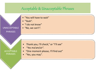 Acceptable & Unacceptable Phrases
ACCEPTABLE
PHRASES
• Thank you, I’ll check,” or “I’ll see”
• “Yes ma’am/sir”.
• “One moment please, I’ll find out”
• “Yes, you may”.
UNACCEPTABLE
PHRASES
• ”You will have to wait”
• “Yeah”.
• “I do not know”
• “No, we can’t”.
 