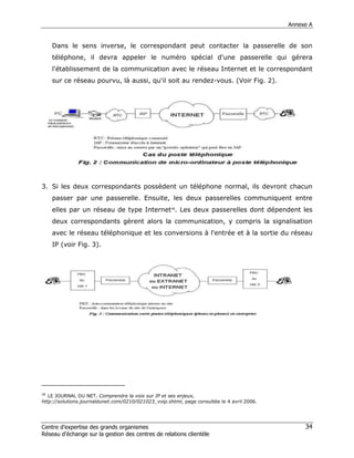Annexe A


     Dans le sens inverse, le correspondant peut contacter la passerelle de son
     téléphone, il devra appeler le numéro spécial d'une passerelle qui gérera
     l'établissement de la communication avec le réseau Internet et le correspondant
     sur ce réseau pourvu, là aussi, qu'il soit au rendez-vous. (Voir Fig. 2).




3. Si les deux correspondants possèdent un téléphone normal, ils devront chacun
     passer par une passerelle. Ensuite, les deux passerelles communiquent entre
     elles par un réseau de type Internet38. Les deux passerelles dont dépendent les
     deux correspondants gèrent alors la communication, y compris la signalisation
     avec le réseau téléphonique et les conversions à l'entrée et à la sortie du réseau
     IP (voir Fig. 3).




38
   LE JOURNAL DU NET. Comprendre la voix sur IP et ses enjeux,
http://solutions.journaldunet.com/0210/021023_voip.shtml, page consultée le 4 avril 2006.




Centre d’expertise des grands organismes                                                         34
Réseau d’échange sur la gestion des centres de relations clientèle
 
