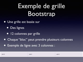 Exemple de grille
Bootstrap
• Une grille est basée sur
• Des lignes
• 12 colonnes par grille
• Chaque “bloc” peut prendre plusieurs colonnes
• Exemple de ligne avec 3 colonnes :
 