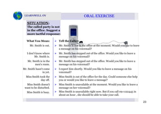 ORAL EXERCISEORAL EXERCISE
SITUATION:
The called party is not
in the office. Suggest ain the office. Suggest a
more tactful response:
Tell the Caller:What You Mean:
Mr. Smith has stepped out of the office. Would you like to leave a
message on his voicemail?
I don't know where
Mr Smith is
Mr. Smith is not in the office at the moment. Would you like to leave
a message on his voicemail?
Mr. Smith is out.
I expect him shortly. Would you like to leave a message on hisMr. Smith hasn't come
Mr. Smith has stepped out of the office. Would you like to leave a
message on his voicemail?
Mr. Smith is in the
men's room.
message on his voicemail?Mr. Smith is.
Miss Smith is out of the office for the day. Could someone else help
you or would you like to leave a message?
Miss Smith took the
day off.
p y y g
voicemail?in yet.
Miss Smith is unavailable right now. But if you call 09-1122445 in
about an hour , she should be able to take your call.
Miss Smith is busy.
Miss Smith is unavailable at the moment. Would you like to leave a
message on her voicemail?
Miss Smith doesn't
want to be disturbed.
23
, y
 