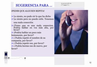SUGERENCIA PARA …
íPEDIR QUE ALGUIEN REPITA!

 Lo siento, no pude oir lo que ha dicho
 Lo siento pero no puedo oirle. Tenemos
  una mala conección
  ¿Temo que es una mala coneccion.
  Podria hablar en voz más alta, por
  favor?
  ¿Podria hablar un poco más
lentamente, por favor?
  ¿ Podría repetir el nombre de su
compania, por favor?
  ¿ Podría repetir eso, por favor?
  ¿ Podría leerme eso de nuevo, por
favor?




                                          12
 
