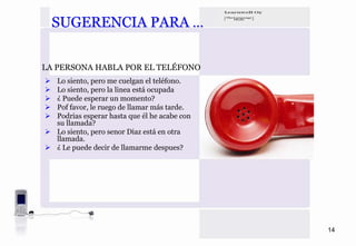 SUGERENCIA PARA …

LA PERSONA HABLA POR EL TELÉFONO
   Lo siento, pero me cuelgan el teléfono.
   Lo siento, pero la linea está ocupada
   ¿ Puede esperar un momento?
   Pof favor, le ruego de llamar más tarde.
   Podrias esperar hasta que él he acabe con
   su llamada?
   Lo siento, pero senor Diaz está en otra
   llamada.
   ¿ Le puede decir de llamarme despues?




                                               14
 