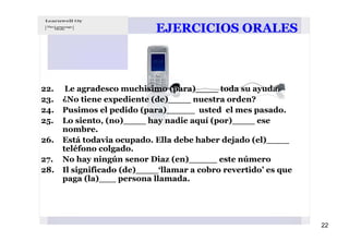 EJERCICIOS ORALES



22.    Le agradesco muchisimo (para)____ toda su ayuda.
23.   ¿No tiene expediente (de)____ nuestra orden?
24.   Pusimos el pedido (para)_____ usted el mes pasado.
25.   Lo siento, (no)____ hay nadie aquí (por)____ ese
      nombre.
26.   Está todavia ocupado. Ella debe haber dejado (el)____
      teléfono colgado.
27.   No hay ningún senor Diaz (en)_____ este número
28.   Il significado (de)____‘llamar a cobro revertido’ es que
      paga (la)___ persona llamada.




                                                                 22
 