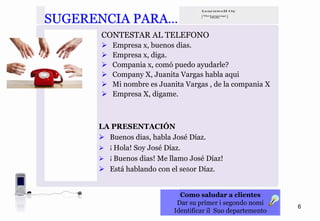 SUGERENCIA PARA…
      CONTESTAR AL TELEFONO
         Empresa x, buenos dias.
         Empresa x, diga.
         Compania x, comó puedo ayudarle?
         Company X, Juanita Vargas habla aqui
         Mi nombre es Juanita Vargas , de la compania X
         Empresa X, digame.



      LA PRESENTACIÓN
        Buenos dias, habla José Díaz.
        ¡ Hola! Soy José Díaz.
        ¡ Buenos dias! Me llamo José Díaz!
        Está hablando con el señor Díaz.


                             Como saludar a clientes
                            Dar su primer i segondo nomi
                                                             6
                           Identificar il Suo departemento
 