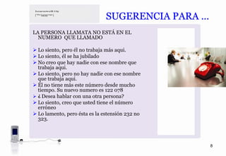 SUGERENCIA PARA …
LA PERSONA LLAMATA NO ESTÁ EN EL
  NUMERO QUE LLAMADO

 Lo siento, pero él no trabaja más aqui.
 Lo siento, él se ha jubilado
 No creo que hay nadie con ese nombre que
 trabaja aqui.
 Lo siento, pero no hay nadie con ese nombre
 que trabaja aqui.
 Él no tiene más este número desde mucho
 tiempo. Su nuevo numero es 122 078
 ¿ Desea hablar con una otra persona?
 Lo siento, creo que usted tiene el número
 erróneo
 Lo lamento, pero ésta es la estensión 232 no
 323.




                                                  8
 