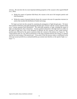 Approved for public release; distribution unlimited.
12
universe. We note here the two most important defining properties of the vacuum in this regard (Puthoff
et al., 2002):
Within the context of quantum field theory the vacuum is the seat of all energetic particle and
field fluctuations.
Within the context of general relativity theory the vacuum is the seat of a spacetime structure (or
metric) that encodes the distribution of matter and energy.
We begin our look into this concept by examining the propagation of light through space. We know
from quantum field theory that light propagating through space interacts with the vacuum quantum fields
(a.k.a. vacuum quantum field fluctuations). The observable properties of light, including the speed of
light, are determined by these interactions. Vacuum quantum interactions with light lead to an effect on
the speed of light that is due to the absorption of photons (by the vacuum) to form virtual electron-
positron pairs followed by the quick re-emission (from the vacuum) of the photon (see Figure 4). The
virtual particle pairs are very short lived because of the large mismatch between the energy of a photon
and the rest mass-energy of the particle pair. A key point is that this process makes a contribution to the
observed vacuum permittivity ε0 (and permeability µ0) constant and, therefore, to the speed of light c [c =
(ε0µ0)−1/2
].
 
