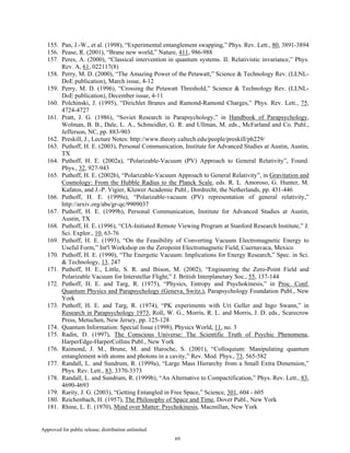 Approved for public release; distribution unlimited.
69
155. Pan, J.-W., et al. (1998), “Experimental entanglement swapping,” Phys. Rev. Lett., 80, 3891-3894
156. Pease, R. (2001), “Brane new world,” Nature, 411, 986-988
157. Peres, A. (2000), “Classical intervention in quantum systems. II. Relativistic invariance,” Phys.
Rev. A, 61, 022117(8)
158. Perry, M. D. (2000), “The Amazing Power of the Petawatt,” Science & Technology Rev. (LLNL-
DoE publication), March issue, 4-12
159. Perry, M. D. (1996), “Crossing the Petawatt Threshold,” Science & Technology Rev. (LLNL-
DoE publication), December issue, 4-11
160. Polchinski, J. (1995), “Dirichlet Branes and Ramond-Ramond Charges,” Phys. Rev. Lett., 75,
4724-4727
161. Pratt, J. G. (1986), “Soviet Research in Parapsychology,” in Handbook of Parapsychology,
Wolman, B. B., Dale, L. A., Schmeidler, G. R. and Ullman, M. eds., McFarland and Co. Publ.,
Jefferson, NC, pp. 883-903
162. Preskill, J., Lecture Notes: http://www.theory.caltech.edu/people/preskill/ph229/
163. Puthoff, H. E. (2003), Personal Communication, Institute for Advanced Studies at Austin, Austin,
TX
164. Puthoff, H. E. (2002a), “Polarizable-Vacuum (PV) Approach to General Relativity”, Found.
Phys., 32, 927-943
165. Puthoff, H. E. (2002b), “Polarizable-Vacuum Approach to General Relativity”, in Gravitation and
Cosmology: From the Hubble Radius to the Planck Scale, eds. R. L. Amoroso, G. Hunter, M.
Kafatos, and J.-P. Vigier, Kluwer Academic Publ., Dordrecht, the Netherlands, pp. 431-446
166. Puthoff, H. E. (1999a), “Polarizable-vacuum (PV) representation of general relativity,”
http://arxiv.org/abs/gr-qc/9909037
167. Puthoff, H. E. (1999b), Personal Communication, Institute for Advanced Studies at Austin,
Austin, TX
168. Puthoff, H. E. (1996), “CIA-Initiated Remote Viewing Program at Stanford Research Institute,” J.
Sci. Explor., 10, 63-76
169. Puthoff, H. E. (1993), “On the Feasibility of Converting Vacuum Electromagnetic Energy to
Useful Form,” Int'l Workshop on the Zeropoint Electromagnetic Field, Cuernavaca, Mexico
170. Puthoff, H. E. (1990), “The Energetic Vacuum: Implications for Energy Research,” Spec. in Sci.
& Technology, 13, 247
171. Puthoff, H. E., Little, S. R. and Ibison, M. (2002), “Engineering the Zero-Point Field and
Polarizable Vacuum for Interstellar Flight,” J. British Interplanetary Soc., 55, 137-144
172. Puthoff, H. E. and Targ, R. (1975), “Physics, Entropy and Psychokinesis,” in Proc. Conf.
Quantum Physics and Parapsychology (Geneva, Switz.), Parapsychology Foundation Publ., New
York
173. Puthoff, H. E. and Targ, R. (1974), “PK experiments with Uri Geller and Ingo Swann,” in
Research in Parapsychology 1973, Roll, W. G., Morris, R. L. and Morris, J. D. eds., Scarecrow
Press, Metuchen, New Jersey, pp. 125-128
174. Quantum Information: Special Issue (1998), Physics World, 11, no. 3
175. Radin, D. (1997), The Conscious Universe: The Scientific Truth of Psychic Phenomena,
HarperEdge-HarperCollins Publ., New York
176. Raimond, J. M., Brune, M. and Haroche, S. (2001), “Colloquium: Manipulating quantum
entanglement with atoms and photons in a cavity,” Rev. Mod. Phys., 73, 565-582
177. Randall, L. and Sundrum, R. (1999a), “Large Mass Hierarchy from a Small Extra Dimension,”
Phys. Rev. Lett., 83, 3370-3373
178. Randall, L. and Sundrum, R. (1999b), “An Alternative to Compactification,” Phys. Rev. Lett., 83,
4690-4693
179. Rarity, J. G. (2003), “Getting Entangled in Free Space,” Science, 301, 604 - 605
180. Reichenbach, H. (1957), The Philosophy of Space and Time, Dover Publ., New York
181. Rhine, L. E. (1970), Mind over Matter: Psychokinesis, Macmillan, New York
 