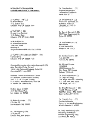 AFRL-PR-ED-TR-2003-0034
Primary Distribution of this Report:
Dr. Greg Benford (1 CD)
Physics Department
University of California
Irvine, CA 92717
AFRL/PRSP (15 CD)
Dr. Frank Mead
10 E. Saturn Blvd
Edwards AFB CA 93524-7680
Dr. Jim Benford (1 CD)
Microwave Sciences, Inc.
1041 Los Arabis Ln.
Lafayette, CA 94549
AFRL/PRSA (1 CD)
Dr. Jean-Luc Cambier
10 E. Saturn Blvd.
Edwards AFB CA 93524-7680
Dr. Gary L. Bennett (1 CD)
7517 West Devonwood Dr.
Boise, ID 83703
AFRL/PR (1 CD)
Dr. Alan Garscadden
1950 Fifth Street
Building 18
Wright-Patterson AFB, OH 45433-7251
Dr. Mitat Birkan (1 CD)
AFOSR/NA
801 N. Randolf St.
Arlington, VA 22203
AFRL/PR Technical Library (2 CD + 1 HC)
6 Draco Drive
Edwards AFB CA 93524-7130
Dr. Jon Campbell (1 CD)
P.O. Box 295
Harvest, AL 35749
Chemical Propulsion Information Agency (1 CD)
Attn: Tech Lib (Dottie Becker)
10630 Little Patuxent Parkway, Suite 202
Columbia MD 21044-3200
Mr. Michael Libeau
NSWCDD
17320 Dahlgren Rd.
Attn: Code G23 Libeau
Dalgren VA 22448
Defense Technical Information Center
(1 Electronic Submission via STINT)
Attn: DTIC-ACQS (Pat Mawby)
8725 John J. Kingman Road, Suite 94
Ft. Belvoir VA 22060-6218
Dr. Phil Carpenter (1 CD)
US Dept. of Energy
Oak Ridge National Laboratory
P.O. Box 2008, MS: 6269
Oak Ridge, TN 37831
Dr. Eric Davis (10 CD)
4849 San Rafael Ave.
Las Vegas, NV 89120
Dr. Brice N. Cassenti (1 CD)
Pratt & Whitney Aircraft
400 Main Street – MS: 163-07
East Hartford, CT 06108
Dr. Dana Andrews (1 CD)
P.O. Box 36
Leavenworth, WA 98826
Dr. Chan K. Choi (1 CD)
Purdue University
School of Nuclear Engineering
West Lafayette, IN 47907
Dr. Jim Degnan (1 CD)
AFRL/DEHP
Kirtland AFB, NM 87117
Dr. Terry Kammash (1 CD)
University of Michigan
Nuclear Engineering Dept.
Ann Arbor, MI 48109
 