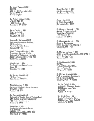 Dr. Ingrid Wysong (1 CD)
EOARD
223-321-Old Merylebone Rd.
London NW1 5th
United Kingdom
Dr. Jordon Kare (1 CD)
222 Canyon Lakes Pl.
San Ramon, CA 94583
Dr. Robert Frisbee (1 CD)
JPL, MS 125-109
4800 Oak Grove Dr.
Pasadena, CA 91109
Ron J. Kita (1 CD)
87 Shady Springs DR.
Doyelstown, PA 18901
Dave Froning (1 CD)
Flight Unlimited
5450 Country Club
Flagstaff, AZ 86004
Dr. Gerald L. Kulcinski (1 CD)
Nuclear Engineering Dept.
University of Wisconsin
1500 Johnson Dr.
Madison, WI 53706
Geroge D. Hathaway (1 CD)
Hathaway Consulting Services
39 Kendal Ave.
Toronto, Canada, Ontario
Canada M5R 1L5
Dr. Geoffrey A. Landis (1 CD)
Sverdrup Technology
21000 Brookpark Rd., MS 302-1
Cleveland, OH 44135
Clark W. Hawk, Director (1 CD)
Propulsion Research Center
University of Alabama in Huntsville
5000 Technology Drive, TH S-266
Huntsville, AL 35899
Dr. Michael LaPointe (1 CD)
NASA Lewis Research Center, MS: SPTD-1
21000 Brookpark Rd.
Cleveland, OH 44135
Alan C. Holt (1 CD)
NASA/Johnson Space Center
Code OD
Houston, TX 77058
Dr. Sheldon Meth (1 CD)
DARPA
Tactical Technology Office
3701 N. Fairfax Dr.
Arlington, VA 22203
Dr. Steven Howe (1 CD)
19 Karen Lane
Los Alamos, NM 87544
Dr. Michael M. Micci (1 CD)
Prof. of Aerospace Engineering
233 E. Hammond Bldg.
University Park, PA 16802
Mike Kaiserman (1 CD)
Raytheon Missile Systems Company
Bldg 805, M/S C3
Tucson, AZ 85734
Dr. Hal Puthoff (1 CD)
Institute for Advanced Studies
4030 Braker Lane, West
Suite 300
Austin, TX 78759
Dr. George Miley (1 CD)
University of Illinois, Dept. of Nuclear Engr.
214 Nuclear Engineering Laboratory
103 South Goodwin Ave.
Urbana, IL 61801
Dr. Eric E. Rice (1 CD)
Orbital Technologies Corp.
402 Gammon Place, Suite 10
Madison, WI 53719
Marc Millis (1 CD)
NASA Glenn Research Center
M.S. SPTD-2
21000 Brookpark Road, MS: 86-2
Cleveland, OH 44135
 