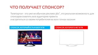 Телепортал - это уже не обычная реклама 360°, это реальная возможность для
спонсоров охватить всю аудиторию проекта
и встретиться со своим потребителем во всех точках касания
СПОНСОР, КОТОРЫЙ ЕСТЬ В ШОУ ВТВ СПОНСОР, КОТОРОГО НЕТ ВТВ
ЧТО ПОЛУЧАЕТ СПОНСОР?
 