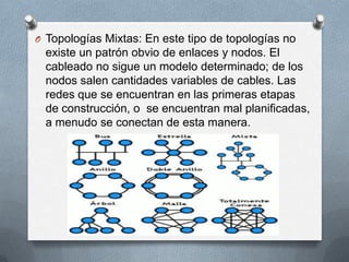O Topologías Mixtas: En este tipo de topologías no
existe un patrón obvio de enlaces y nodos. El
cableado no sigue un modelo determinado; de los
nodos salen cantidades variables de cables. Las
redes que se encuentran en las primeras etapas
de construcción, o se encuentran mal planificadas,
a menudo se conectan de esta manera.
 