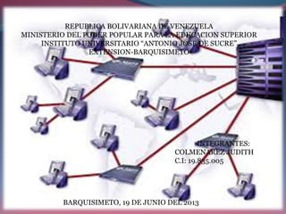 REPUBLICA BOLIVARIANA DE VENEZUELA
MINISTERIO DEL PODER POPULAR PARA LA EDUCACION SUPERIOR
INSTITUTO UNIVERSITARIO “ANTONIO JOSE DE SUCRE”
EXTENSION-BARQUISIMETO
INTEGRANTES:
COLMENAREZ JUDITH
C.I: 19.835.005
BARQUISIMETO, 19 DE JUNIO DEL 2013
 