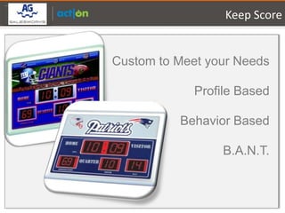 Partner Logo Here
                                      Keep Score


                    Custom to Meet your Needs

                                 Profile Based

                              Behavior Based

                                     B.A.N.T.
 