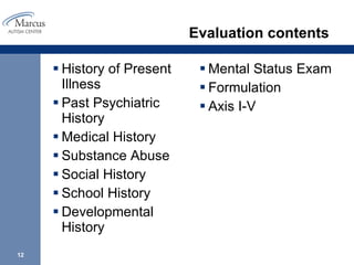 Evaluation contents  History of Present Illness Past Psychiatric History Medical History Substance Abuse Social History  School History  Developmental History  Mental Status Exam Formulation Axis I-V 