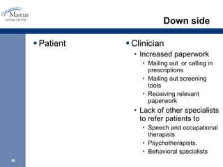 Down side Patient  Clinician  Increased paperwork  Mailing out  or calling in prescriptions Mailing out screening tools  Receiving relevant paperwork Lack of other specialists to refer patients to Speech and occupational  therapists  Psychotherapists. Behavioral specialists 