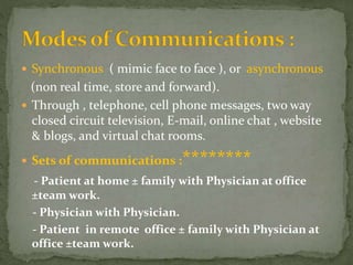  Synchronous ( mimic face to face ), or asynchronous
(non real time, store and forward).
 Through , telephone, cell phone messages, two way
closed circuit television, E-mail, online chat , website
& blogs, and virtual chat rooms.
 Sets of communications :********
- Patient at home ± family with Physician at office
±team work.
- Physician with Physician.
- Patient in remote office ± family with Physician at
office ±team work.
 