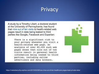 Privacy
https://nakedsecurity.sophos.com/2015/02/26/how-nine-out-of-ten-healthcare-pages-leak-private-data/
 