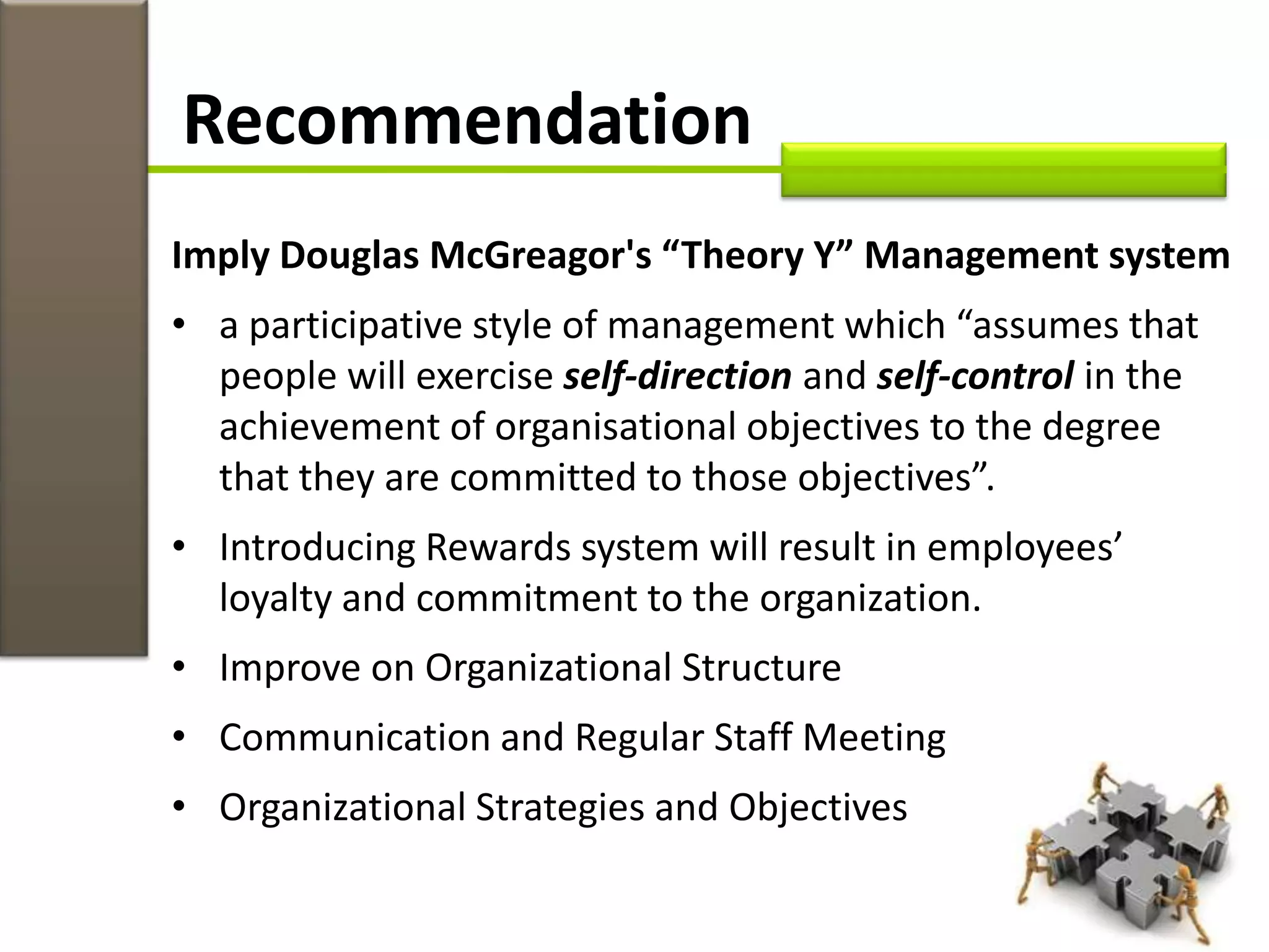 Recommendation
Imply Douglas McGreagor's “Theory Y” Management system
• a participative style of management which “assumes that
people will exercise self-direction and self-control in the
achievement of organisational objectives to the degree
that they are committed to those objectives”.
• Introducing Rewards system will result in employees’
loyalty and commitment to the organization.
• Improve on Organizational Structure
• Communication and Regular Staff Meeting
• Organizational Strategies and Objectives
 