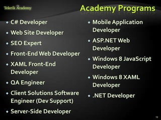 Academy Programs
   C# Developer                    Mobile Application
   Web Site Developer               Developer

   SEO Expert                      ASP.NET Web
                                     Developer
   Front-End Web Developer
                                    Windows 8 JavaScript
   XAML Front-End                   Developer
    Developer
                                    Windows 8 XAML
   QA Engineer                      Developer
   Client Solutions Software       .NET Developer
    Engineer (Dev Support)
   Server-Side Developer
                                                            19
 