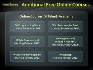 Additional Free Online Courses

     Online Courses @ Telerik Academy

  C# Programming Track        Web Technologies Track
(starting September 2012)   (starting September 2012)


                                Web Applications
   Mobile Development
                                with ASP.NET MVC
 (starting October 2012)
                             (starting October 2012)


Windows 8 Development               Photoshop
(starting January 2013)      (starting January 2013)


                                                        44
 