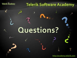 Telerik Software Academy




    курсове и уроци по програмиране, уеб дизайн – безплатно     BG Coder - онлайн състезателна система - online judge
          курсове и уроци по програмиране – Телерик академия    форум програмиране, форум уеб дизайн
               уроци по програмиране и уеб дизайн за ученици    ASP.NET курс - уеб програмиране, бази данни, C#, .NET, ASP.NET




                                                                                                                                              http://academy.telerik.com
           програмиране за деца – безплатни курсове и уроци     ASP.NET MVC курс – HTML, SQL, C#, .NET, ASP.NET MVC
                безплатен SEO курс - оптимизация за търсачки     алго академия – състезателно програмиране, състезания
курсове и уроци по програмиране, книги – безплатно от Наков     курс мобилни приложения с iPhone, Android, WP7, PhoneGap
       уроци по уеб дизайн, HTML, CSS, JavaScript, Photoshop    Дончо Минков - сайт за програмиране
       free C# book, безплатна книга C#, книга Java, книга C#   Николай Костов - блог за програмиране
                    безплатен курс "Качествен програмен код"
       безплатен курс "Разработка на софтуер в cloud среда"     C# курс, програмиране, безплатно
 