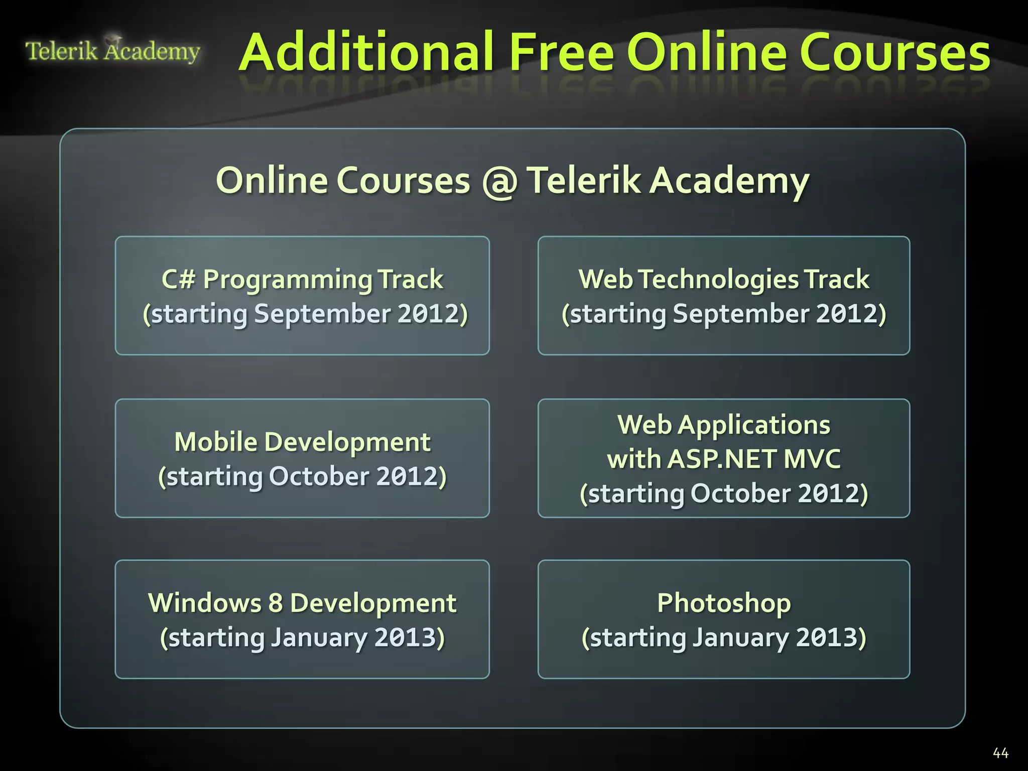 Additional Free Online Courses

     Online Courses @ Telerik Academy

  C# Programming Track        Web Technologies Track
(starting September 2012)   (starting September 2012)


                                Web Applications
   Mobile Development
                                with ASP.NET MVC
 (starting October 2012)
                             (starting October 2012)


Windows 8 Development               Photoshop
(starting January 2013)      (starting January 2013)


                                                        44
 