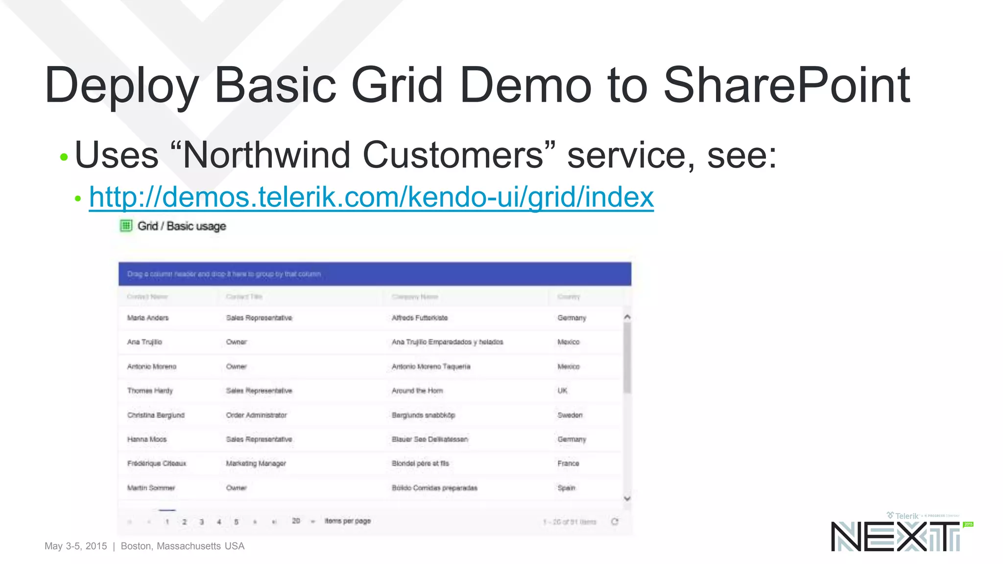 May 3-5, 2015 | Boston, Massachusetts USA
Deploy Basic Grid Demo to SharePoint
• Uses “Northwind Customers” service, see:
• http://demos.telerik.com/kendo-ui/grid/index
 