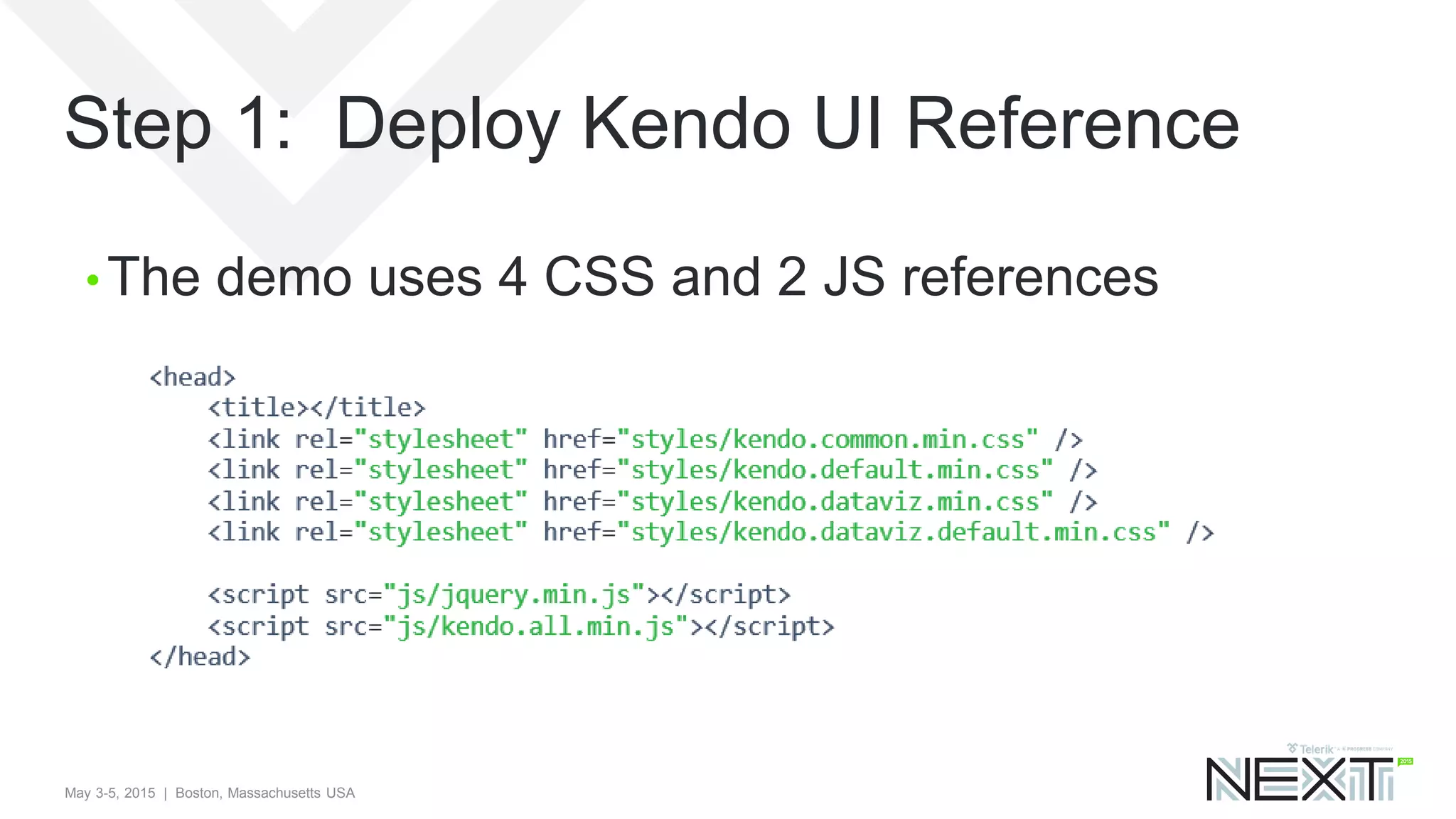 May 3-5, 2015 | Boston, Massachusetts USA
Step 1: Deploy Kendo UI Reference
• The demo uses 4 CSS and 2 JS references
 