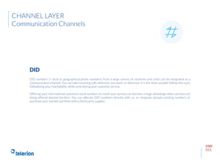 page
011
DID numbers (= local or geographical phone numbers) from a large variety of countries and cities can be integrated as a
communication channel. You can take incoming calls wherever you want, or wherever it is the most suitable (follow-the-sun).
Globalizing your reachability, while centralizing your customer service.
Offering your international customers local numbers to reach your service can become a huge advantage when services are
being offered beyond borders. You can allocate DID numbers directly with us, or integrate already existing numbers or
purchase your number portfolio with a third-party supplier.
DID
CHANNEL LAYER
Communication Channels
 