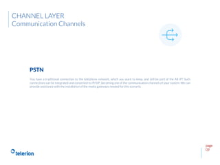 page
09
You have a traditional connection to the telephone network, which you want to keep, and still be part of the All IP? Such
connections can be integrated and converted to IP/SIP, becoming one of the communication channels of your system. We can
provide assistance with the installation of the media gateways needed for this scenario.
PSTN
CHANNEL LAYER
Communication Channels
 