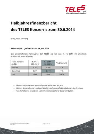 Halbjahresfinanzbericht 
des TELES Konzerns zum 30.6.2014 
Kennzahlen 1. Januar 2014 – 30. Juni 2014 
Die Unternehmens-Kennwerte der TELES AG für das 1. Hj 2014 im Überblick 
(nach IFRS, nicht testiert) 
Seite 1 von 10 
(IFRS, nicht testiert) 
TELES Konzern 
(in T€) 
© TELES AG Informationstechnologien 
21.07.2014 
1.1.2013 – 
30.6.2013 
1.1.2014 – 
30.6.2014 
Veränderung 
Umsatz 5.701 5.894 3 % 
Rohertrag 3.371 3.119 -7 % 
EBIT -549 -737 -34 % 
 Umsatz nach starkem zweiten Quartal leicht über Vorjahr 
 Höhere Materialkosten und der Wegfall von Sondereffekten belasten das Ergebnis 
 Geschäftsfelder entwickeln sich mit unterschiedlicher Geschwindigkeit 
 