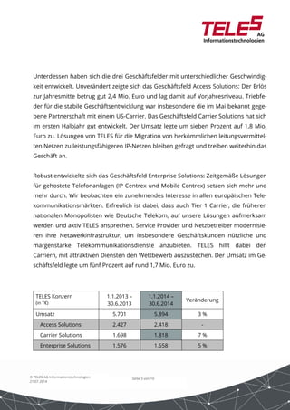 Unterdessen haben sich die drei Geschäftsfelder mit unterschiedlicher Geschwindig-keit 
entwickelt. Unverändert zeigte sich das Geschäftsfeld Access Solutions: Der Erlös 
zur Jahresmitte betrug gut 2,4 Mio. Euro und lag damit auf Vorjahresniveau. Triebfe-der 
für die stabile Geschäftsentwicklung war insbesondere die im Mai bekannt gege-bene 
Partnerschaft mit einem US-Carrier. Das Geschäftsfeld Carrier Solutions hat sich 
im ersten Halbjahr gut entwickelt. Der Umsatz legte um sieben Prozent auf 1,8 Mio. 
Euro zu. Lösungen von TELES für die Migration von herkömmlichen leitungsvermittel-ten 
Netzen zu leistungsfähigeren IP-Netzen bleiben gefragt und treiben weiterhin das 
Robust entwickelte sich das Geschäftsfeld Enterprise Solutions: Zeitgemäße Lösungen 
für gehostete Telefonanlagen (IP Centrex und Mobile Centrex) setzen sich mehr und 
mehr durch. Wir beobachten ein zunehmendes Interesse in allen europäischen Tele-kommunikationsmärkten. 
Seite 3 von 10 
Geschäft an. 
© TELES AG Informationstechnologien 
21.07.2014 
Erfreulich ist dabei, dass auch Tier 1 Carrier, die früheren 
nationalen Monopolisten wie Deutsche Telekom, auf unsere Lösungen aufmerksam 
werden und aktiv TELES ansprechen. Service Provider und Netzbetreiber modernisie-ren 
ihre Netzwerkinfrastruktur, um insbesondere Geschäftskunden nützliche und 
margenstarke Telekommunikationsdienste anzubieten. TELES hilft dabei den 
Carriern, mit attraktiven Diensten den Wettbewerb auszustechen. Der Umsatz im Ge-schäftsfeld 
legte um fünf Prozent auf rund 1,7 Mio. Euro zu. 
TELES Konzern 
(in T€) 
1.1.2013 – 
30.6.2013 
1.1.2014 – 
30.6.2014 
Veränderung 
Umsatz 5.701 5.894 3 % 
Access Solutions 2.427 2.418 - 
Carrier Solutions 1.698 1.818 7 % 
Enterprise Solutions 1.576 1.658 5 % 
 