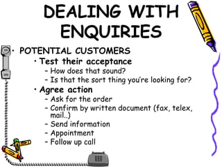 DEALING WITH
ENQUIRIES
• POTENTIAL CUSTOMERS
• Test their acceptance
– How does that sound?
– Is that the sort thing you’re looking for?
• Agree action
– Ask for the order
– Confirm by written document (fax, telex,
mail..)
– Send information
– Appointment
– Follow up call
 