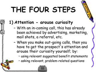 THE FOUR STEPS
1) Attention - arouse curiosity
– With an in-coming call, this has already
been achieved by advertising, marketing,
mail shots, a referral, etc.
– When you make out-going calls, then you
have to get the prospect's attention and
arouse their curiosity yourself; by:
• using relevant suggested benefit statements
• asking relevant, problem-related questions
 