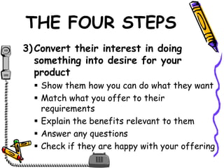 THE FOUR STEPS
3)Convert their interest in doing
something into desire for your
product
 Show them how you can do what they want
 Match what you offer to their
requirements
 Explain the benefits relevant to them
 Answer any questions
 Check if they are happy with your offering
 