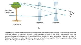 Figure 1.1 (a) Galileo made telescopes with a convex objective and a concave eyepiece. These produce an upright
image and are used in spyglasses. It shows a refracting telescope made of two lenses. The first lens, called the
objective, forms a real image within the focal length of the second lens, which is called the eyepiece. The image of
the objective lens serves as the object for the eyepiece, which forms a magnified virtual image that is observed by
the eye. This design is what Galileo used to observe the heavens.
 