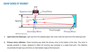 HOW DOES IT WORK?
1. Light enters the telescope: Light rays from the celestial object, like a star, enter the wide end of the telescope tube.
2. Primary mirror reflection: These incoming rays strike the primary mirror at the bottom of the tube. This mirror is
typically parabolic in shape, designed to reflect all incoming rays precisely to a single focal point. The reflection
concentrates the light rays and forms an intermediate image at the focal point.
 