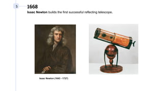 5 1668
Isaac Newton builds the first successful reflecting telescope.
Isaac Newton (1643 - 1727)
 