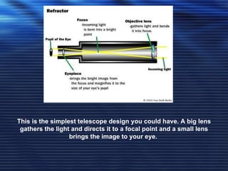 This is the simplest telescope design you could have. A big lens gathers the light and directs it to a focal point and a small lens brings the image to your eye.                                                                                                                                                                                                                                                     