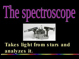 The spectroscope Takes light from stars and analyzes it.   