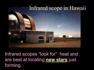Infrared scope in Hawaii




Infrared scopes “look for” heat and
are best at locating new stars just
forming.
 