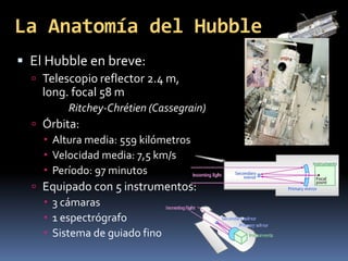 La Anatomía del Hubble 
 El Hubble en breve: 
 Telescopio reflector 2.4 m, 
long. focal 58 m 
Ritchey-Chrétien (Cassegrain) 
 Órbita: 
 Altura media: 559 kilómetros 
 Velocidad media: 7,5 km/s 
 Período: 97 minutos 
 Equipado con 5 instrumentos: 
 3 cámaras 
 1 espectrógrafo 
 Sistema de guiado fino 
 