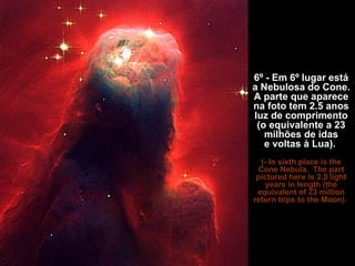 6º - Em 6º lugar está a Nebulosa do Cone. A parte que aparece na foto tem 2.5 anos luz de comprimento (o equivalente a 23 milhões de idas e voltas à Lua).  (- In sixth place is the Cone Nebula.  The part pictured here is 2.5 light years in length (the equivalent of 23 million return trips to the Moon).  