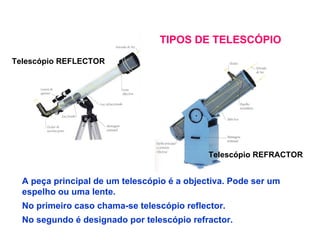 TIPOS DE TELESCÓPIO A peça principal de um telescópio é a objectiva. Pode ser um espelho ou uma lente. No primeiro caso chama-se telescópio reflector. No segundo é designado por telescópio refractor. Telescópio REFLECTOR Telescópio REFRACTOR 