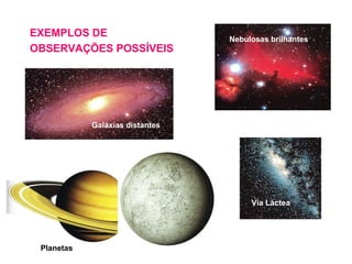 EXEMPLOS DE OBSERVAÇÕES POSSÍVEIS Galáxias distantes Nebulosas brilhantes Planetas Via Láctea 