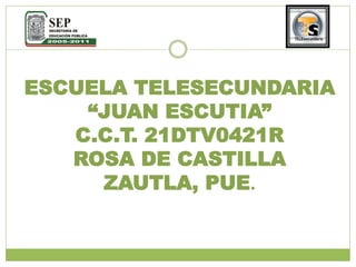 ESCUELA TELESECUNDARIA
    “JUAN ESCUTIA”
   C.C.T. 21DTV0421R
   ROSA DE CASTILLA
     ZAUTLA, PUE.
 