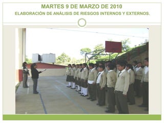 MARTES 9 DE MARZO DE 2010
ELABORACIÓN DE ANÁLISIS DE RIESGOS INTERNOS Y EXTERNOS.
 