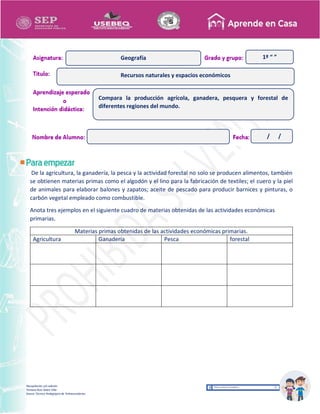 Recopilación y/o edición
Tomasa Ruíz Sobre Villa
Asesor Técnico Pedagógico de Telesecundarias
1º “ ”
De la agricultura, la ganadería, la pesca y la actividad forestal no solo se producen alimentos, también
se obtienen materias primas como el algodón y el lino para la fabricación de textiles; el cuero y la piel
de animales para elaborar balones y zapatos; aceite de pescado para producir barnices y pinturas, o
carbón vegetal empleado como combustible.
Anota tres ejemplos en el siguiente cuadro de materias obtenidas de las actividades económicas
primarias.
Materias primas obtenidas de las actividades económicas primarias.
Agricultura Ganadería Pesca forestal
Recursos naturales y espacios económicos
Geografía
Compara la producción agrícola, ganadera, pesquera y forestal de
diferentes regiones del mundo.
/ /
 